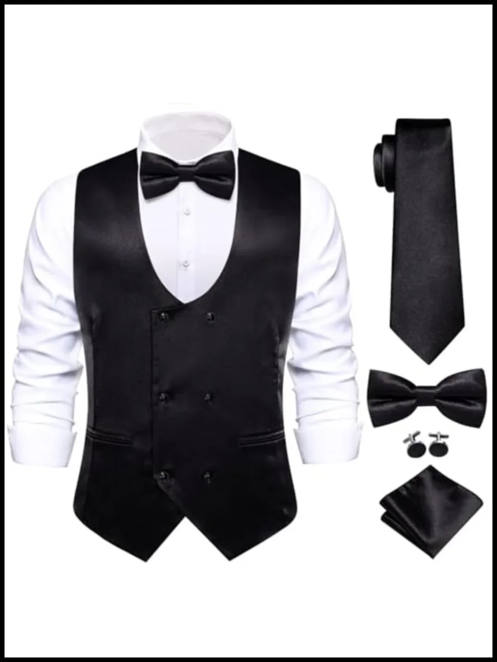 Satin Double Breasted Suit Vest Set with Pretied Bowtie & Cufflinks